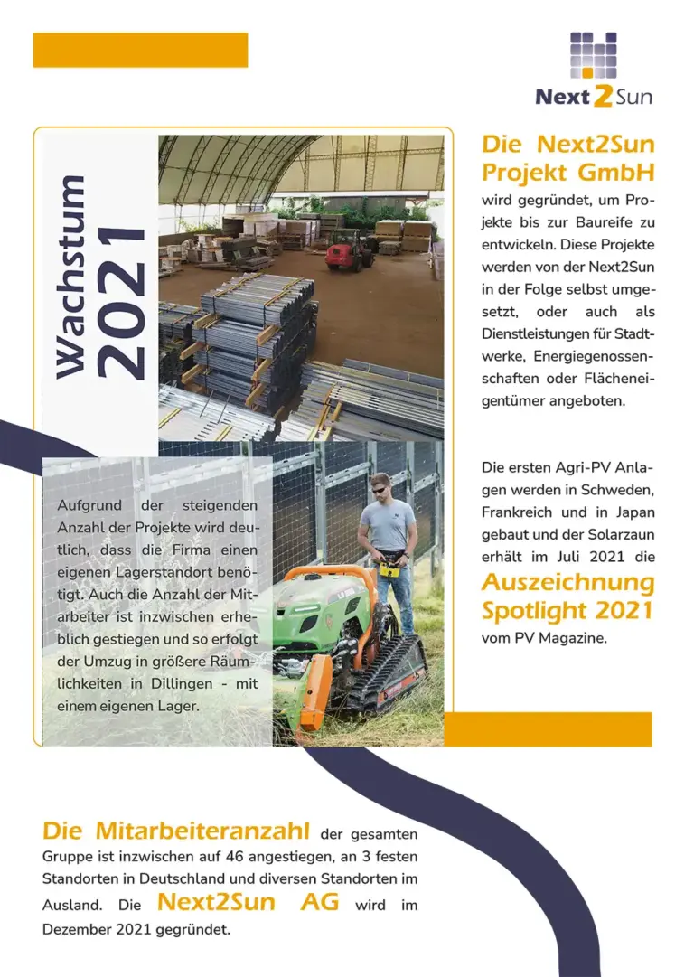 Next2Sun Milestones im Jahr 2021: Gründung der Next2Sun Projekt GmbH, um Projekte bis zur Baureife zu entwickeln. Bau von Agri-PV Anlagen in Schweden, Frankreich und Japan. Erhalt der Auszeichnung Spotlight 2021 vom "PV Magazine" für den Solarzaun. Die Next2Sun Gruppe beschäftigt inzwischen 46 Mitarbeiter:innen