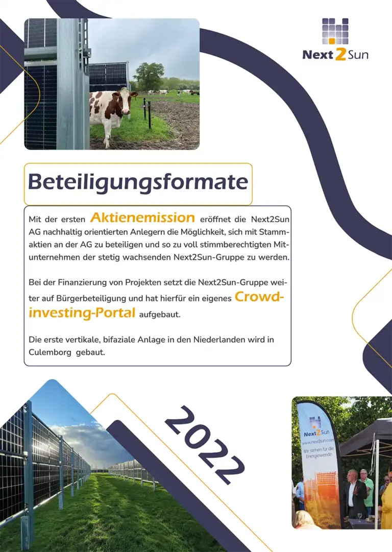 Next2Sun Milestones im Jahr 2022: Erste Aktienemission der Next2Sun AG bietet Anlegern die Möglichkeit, sich mit Stammaktien an der AG zu beteiligen. Zur Finanzierung von Projekten wir ein eigenes Crowdinvesting-Portal aufgebaut. In den Niederlanden wird die erste Anlage in den Niederlanden gebaut.