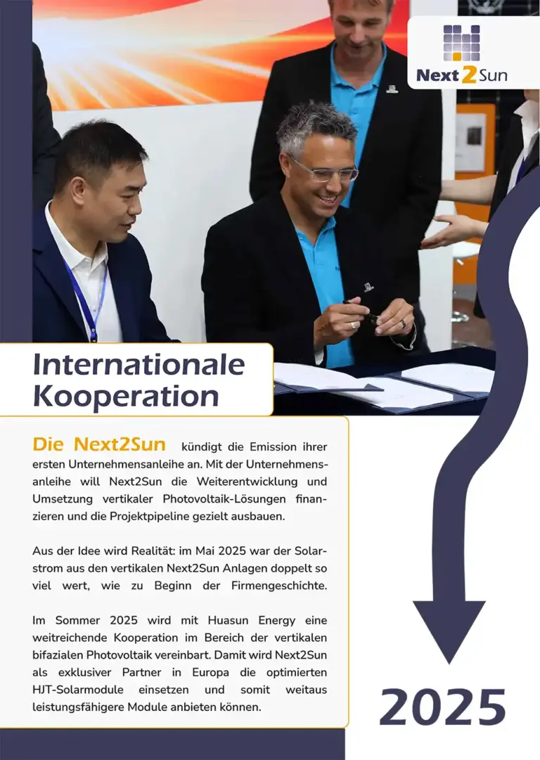Next2Sun Milestones im Jahr 2025 - inernationale Kooperation mit Huasun Energy im Bereich der vertikalen bifazialen Photovoltaik. Next2Sun wird exclusiver Partner in Europa für die optimierten HJT Solarmodule