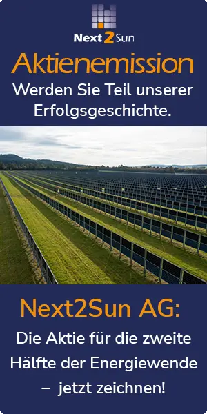 Aktienemission 2026 - Banner mit Aufforderung zur Zeichnung von Aktien der Next2Sun AG