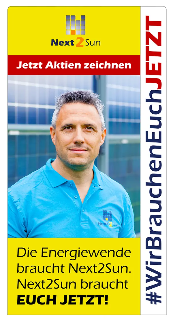 Banner Aktienemission 2026 - Die Energiewende braucht Next2Sun - Jetzt Aktien zeichnen